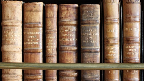 A row of historic leather-bound books displayed on a wooden shelf, with worn spines and gold lettering showing signs of age and use.